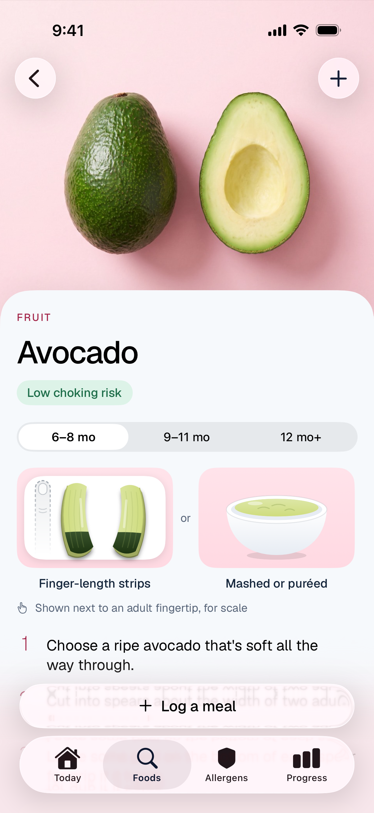 Avocado in the food guide: low choking risk, and how to serve it at 6 to 8 months as finger-length strips or mashed.