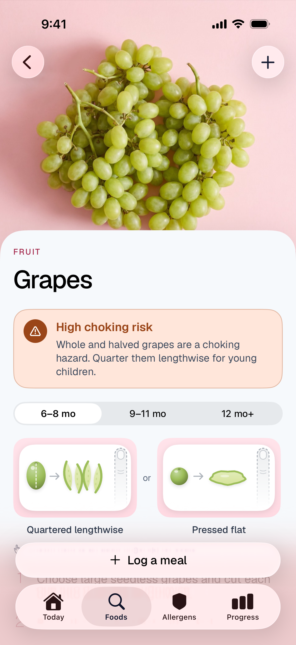 Grapes in the food guide: high choking risk, quartered lengthwise or pressed flat at 6 to 8 months.