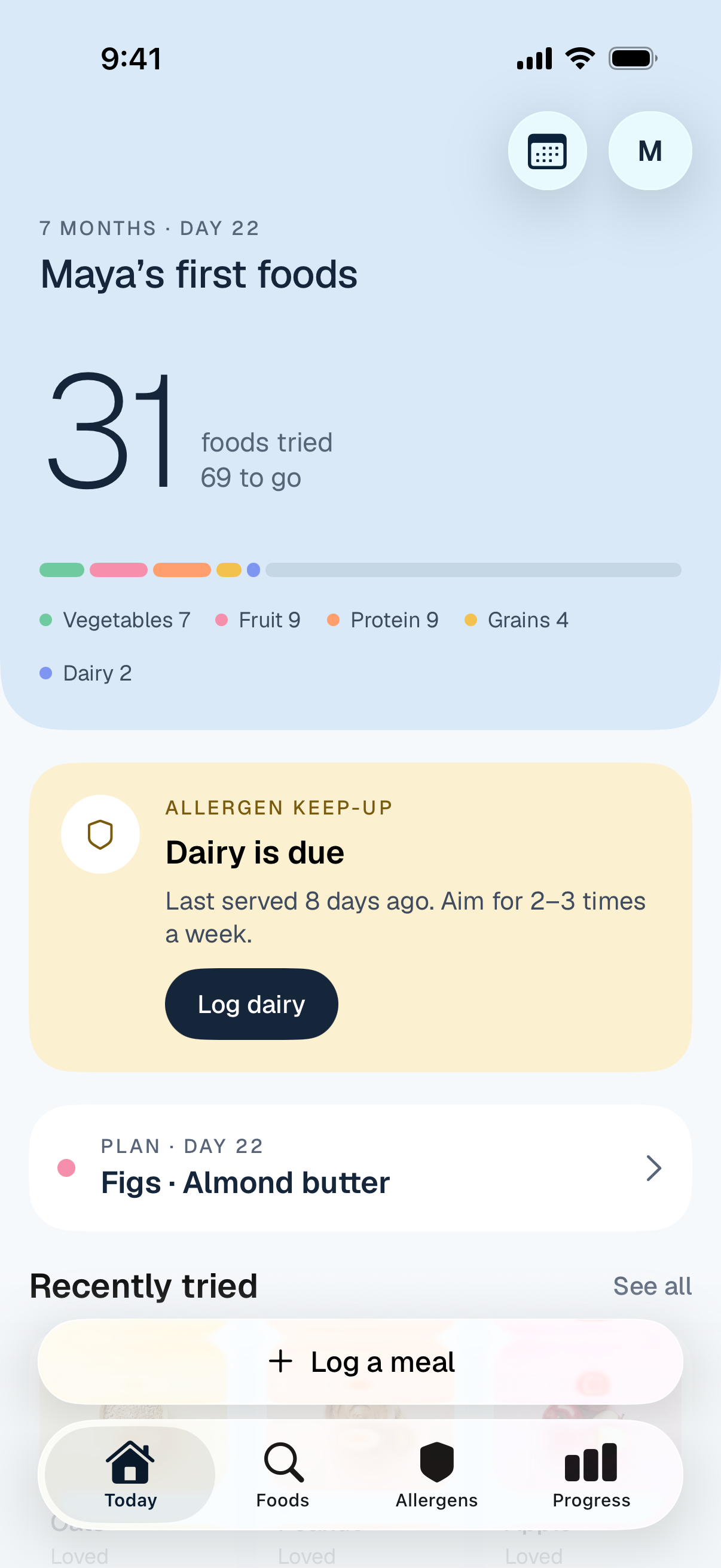 Today screen: Maya has tried 31 foods, with a reminder that dairy is due.